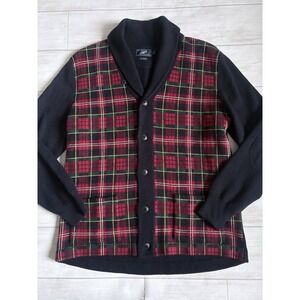 Grayers Shaw Collar Black& Tartan Plaid Wool Blend Cardigan Sweater XL